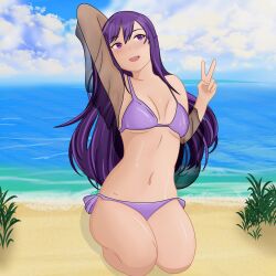 1girls 5_fingers 666_sage6 arm_behind_head beach bikini bikini_bottom bikini_top breasts cloud clouds doki_doki_literature_club female leaves light_blush long_hair mouth_open navel ocean open_mouth peace_sign purple_bikini purple_bikini_bottom purple_bikini_top purple_eyes purple_hair purple_swimwear sand sky solo swimwear v water yuri_(doki_doki_literature_club)