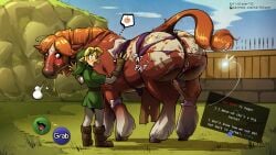 after_transformation animal_genitalia animal_pussy anus ass big_anus big_butt big_butthole blue_eyes bodily_fluids bubble_butt clothing dialogue donut_anus duo epona_(tloz) equine_pussy female feral field gameplay_mechanics genitals hair hooves horse huge_butt human_to_anthro humanoid hylian larger_female larger_feral link link_(ocarina_of_time) male male/female malon nintendo ocarina_of_time orange_hair outside ponut puffy_anus pussy size_difference smaller_male snorting speech_bubble sweat tail-blazer the_legend_of_zelda torn_clothing transformation user_interface video_games