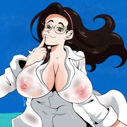 aki_sensei_(sonny_boy) breasts brown_hair glasses izuniki large_breasts long_hair nipples sonny_boy wet_shirt