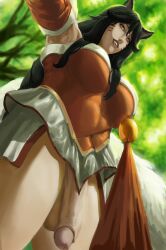 1futa ahri animal_ears balls black_hair bottomless breasts clothed clothing digital_media_(artwork) forest futa_only futanari humanoid humanoid_penis kemonomimi kitsune league_of_legends light-skinned_futanari light_skin long_hair looking_at_viewer looking_down low-angle_view mostly_clothed outdoors paintman penis self_upload smiling_at_viewer solo solo_futa standing tail yellow_eyes