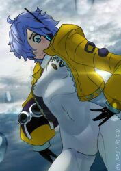 1girls belly_button blue_eyes blue_hair blush bodysuit_and_jacket bodysuit_under_clothes breasts clothed clothing female female_only gloves hair_covering_one_eye headgear headphones headwear jacket jacket_open looking_down one_piece snow text tight_clothes tight_clothing tight_fit vegapunk_lilith viewed_from_below watermark