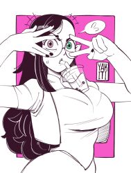 1girls big_breasts cup dark_hair disney disney_channel disney_xd female female_focus female_only hands_free_bubble_tea lilith_clawthorne long_hair looking_at_viewer meme multicolored_eyes peace_sign pointy_ears rough_sketch round_glasses simple_background sketch tagme the_owl_house wide_hips yakiti