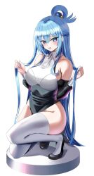 aqua_(konosuba) ass bangs bare_shoulders black_heels blue_eyes blue_hair blush dress female_only hair_between_eyes hanasaka_houcha highres kono_subarashii_sekai_ni_shukufuku_wo! large_breasts long_hair looking_at_viewer open_mouth solo_focus squatting thick_thighs thighhighs thighs uncensored very_long_hair white_legwear white_stockings wide_hips