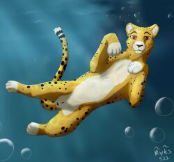 cheetah diving felid feline female feral genitals hi_res looking_at_viewer mammal pussy ryks smile solo solo_focus spread_legs spreading swimming underwater water