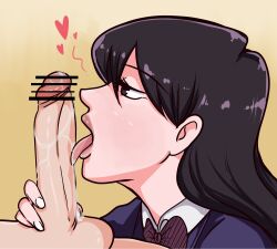 1boy 1girls asian asian_female bar_censor black_eyes black_hair censor_bar censored dark_blue_hair female fringe grey_eyes hi_res highres komi-san_wa_komyushou_desu komi_shouko licking licking_penis light-skinned_female light-skinned_male light_skin long_hair oral oral_sex pale-skinned_female penis penis_lick petite purple_eyes purple_hair s0_underrated saliva saliva_on_penis school_uniform schoolgirl teenager tongue tongue_on_penis tongue_out unseen_male_face