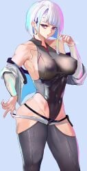 1girls absurd_res big_breasts breasts cd_projekt_red cybernetics cyberpunk:_edgerunners cyberpunk_2077 eye_contact female female_only high_resolution legwear leotard light_skin looking_at_viewer loooyd lucyna_kushinada multicolored_hair netflix nipple_bulge purple_eyes short_hair solo solo_female standing studio_trigger thick_thighs toned_female