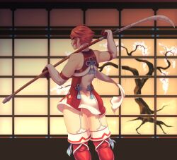 1girls ass back_view bare_arms bare_thighs big_ass boots elbow_gloves female fire_emblem fire_emblem_fates garter_straps gloves hinoka_(fire_emblem) indoors looking_back muscular muscular_female naginata nintendo no_panties red_eyes red_hair scarf seios short_hair smile thick_thighs thigh_boots thighhighs thighs toned toned_female tree very_short_hair weapon