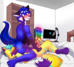 ailurid anal anthro ass bed bedroom belly black_body black_fur black_nose blazen blue_body blue_eyes blue_fur blue_hair blush blush_lines bodily_fluids canid canine canis cheek_tuft claws cobalt_pandaskunk computer cum duo ears_up ejaculation eyebrows facesitting facial_markings facial_tuft fangs felid fox fur furniture gaming genital_fluids genitals hair handjob head_markings hi_res hybrid inner_ear_fluff keiron_yt male male/male mammal markings mephitid microphone nude open_mouth oral pantherine penile penis purple_body purple_fur raised_tail red_panda rimming sex skunk smile stripes tail_markings teeth thick_thighs tiger toe_claws tongue tongue_out tuft white_body white_fur wolf yellow_body yellow_fur