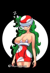 1girls background breast_press bubble female female_only green_hair mario_(series) minus8 no_eyes piranha_plant piranha_plant_girl polka_dot red_dress sleep_bubble sleeping smile solo squished_breasts tight_clothing watermark