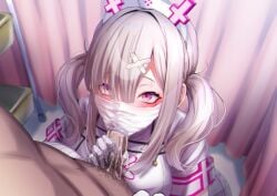 1boy 1girls bandages bangs cum cum_in_mouth dark-skinned_male dark_skin fellatio fellatio_under_mask female fluids gloves grey_hair hair_ornament hair_over_one_eye hat interracial light-skinned_female light_skin lowres mask mole mole_under_eye mouth_mask nijisanji nurse nurse_cap oral purple_eyes solo_focus straight sukoya_kana twintails virtual_youtuber white_gloves x_hair_ornament xwu