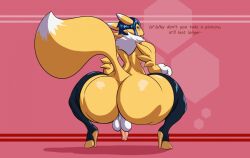 1boy anthro ass back_view balls bandai_namco big_butt biskblizk blush clothing crouching dialogue digimon digimon_(species) english_text femboy footwear fur furry furry_only genitals girly high_heel_boots humanoid legwear looking_back male male_only rear_view renamon small_penis small_waist solo tail text thigh_boots thigh_highs