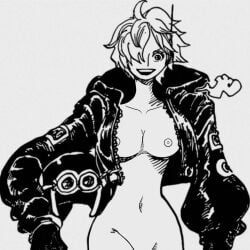 1girls belly belly_button comic_page edit female female_only hair headgear headphones headwear highres jacket long_neck monochrome naked nipples nude nude_female one_piece open_clothes open_jacket smile smiling spoilers vegapunk_lilith