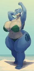 beach big_ass big_breasts bikini blue_skin chubby cute gloria_(greasymojo) greasymojo lapras pokémon pokémon_(species) pokemon seductive tall_female