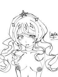 1girls black_and_white character_name choker curly_hair female female_only genshin_impact highres layla_(genshin_impact) msaedits69 nervous nipples nude nude_female self_upload star star_(symbol) uncolored