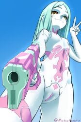 1girls breasts casual cybernetics cyberpunk:_edgerunners cyberpunk_(series) cyberpunk_2077 female female_only firearm flat_chest flat_chested green_hair gun handgun holding_weapon human looking_at_viewer madaotheory meme navel nipples nude pale_skin peace_sign pointing_gun pubic_tattoo pussy qr_code qr_code_tattoo rebecca_(edgerunners) small_breasts smile tattoo weapon