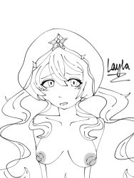 1girls black_and_white character_name curly_hair female female_focus female_only genshin_impact highres layla_(genshin_impact) msaedits69 nervous nipples nude nude_female star star_(symbol) uncolored