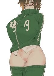 1girls arms_behind_back bangs black-framed_eyewear blush breasts brown_hair clothes_pull clothes_writing earrings egg_vibrator female female_only genderswap_(mtf) genshin_impact glasses gradient_hair green_jacket green_panties huge_breasts jacket jewelry looking_at_viewer mrkinkass multicolored_hair no_panties official_alternate_costume orange_eyes panties pants pants_pull pussy pussy_juice rule_63 sex_toy shirt simple_background single_earring solo sweat tassel tassel_earrings track_jacket track_pants uncensored underwear vibrator vibrator_cord white_background white_shirt zhongli_(genshin_impact) zhongli_jiejie