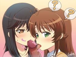 1boy 2girls ? antenna_hair bangs black_hair brown_hair collaborative_fellatio collarbone cooperative_fellatio fellatio ffm_threesome green_eyes group_sex heart heart-shaped_pupils ichijou_hotaru kissing_penis koshigaya_komari laika_(pixiv) licking licking_penis long_hair looking_at_penis looking_at_viewer medium_hair multiple_girls non_non_biyori nude oral penis pink_background red_ribbon ribbon school_uniform shirt solo_focus spoken_question_mark symbol-shaped_pupils teamwork threesome upper_body vest white_shirt yellow_eyes yellow_vest