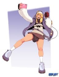 1boy balls balls_under_clothes big_bulge bridget brig_art bulge clothed clothing femboy guilty_gear guilty_gear_strive light-skinned_male light_skin male male_only penis penis_under_clothes phone selfie smartphone solo testicles