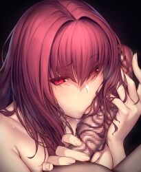 bangs blush breasts censored cock_worship fate/grand_order fate_(series) fellatio hairjob highres large_breasts licking licking_penis long_hair looking_at_viewer lun7732 mosaic_censoring oral penis purple_hair red_eyes scathach_(fate) solo_focus sweat tongue veins veiny_penis