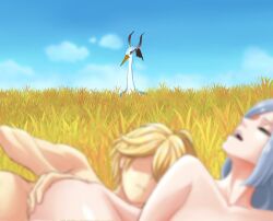 1boy 2girls aether_(genshin_impact) blonde_hair blue_sky caught closed_eyes crane_(bird) female genshin_impact grass highres leg_lift luizhtx male nature nude open_mouth outdoors peeking_out sex shaded_face shenhe_(genshin_impact) sky xianyun_(genshin_impact)