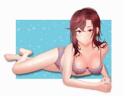 ayase_momo barefoot bikini breasts brown_eyes brown_hair dandadan feet looking_at_viewer low_detail_feet medium_breasts medium_hair nipples suggestive_look supahot toes