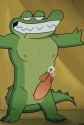 anthro bedroom_eyes crocodile edit edited_screencap genital_slit green_body grin humanoid_genitalia humanoid_penis kais_studios male_only max_(oddballs) netflix oddballs precum presenting presenting_penis standing