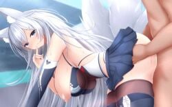 1boy 1boy1girl 1girls animated areolae azur_lane big_breasts blush breasts dark-skinned_male dark_skin fox_ears fox_girl fox_tail inner_ear_fluff interracial kemonomimi light-skinned_female light_skin long_hair looking_at_viewer mumu_(mumunyan) nipples sex shinano_(azur_lane) shinano_(moonlit_chrome)_(azur_lane) skirt thighhighs white_hair