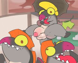 anthro balls bodily_fluids bottomless clothed clothing drizzler_(splatoon) fish genital_fluids genitals group hi_res male marine mohawk nintendo nude pants_off penis precum rabblet red_eyes salmonid salmonid_(splatoon) splatoon tongue tongue_out trio video_games yellow_sclera