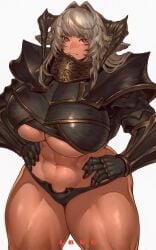 abs animal_ears armor breasts dark-skinned_female dark_skin grey_hair hi_res horns huge_breasts ibuo muscular muscular_female original red_eyes solo thick_thighs underboob white_background