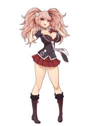 1girls boots bra breasts cleavage collarbone danganronpa grey_eyes highres holding huge_breasts junko_enoshima lolipop long_hair looking_at_viewer necklace open_shirt pink_hair pleated_skirt skirt solo standing twintails virus-g