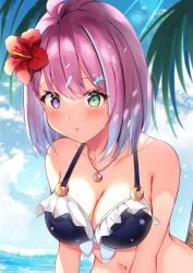 1girls ahoge beach belly belly_button big_breasts bikini bikini_top blue_bikini blush blushing_at_viewer bob_cut bob_hair breasts bust busty candy_hair_ornament cleavage cute cute_face flower flower_in_hair food_themed_hair_ornament frilly_bikini golden_necklace gradient_hair green_eyes heterochromia high_resolution highres himemori_luna holoforce hololive hololive_japan light-blue_hair light-skinned_female light_skin necklace nekousagi no_sex pink_eyes pink_hair princess red_flower safe_for_work sfw short_hair small_mouth solo streamer triangle_mouth virtual_youtuber vtuber young_woman youtuber