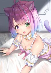 ahoge blush blushing_at_viewer bob_cut bob_hair breasts bust candy_hair_ornament cat_ears cat_tail cleavage cleavage_dress cute cute_face food_themed_hair_ornament gradient_hair green_eyes hands_on_bed happy heterochromia high_resolution highres himemori_luna holoforce hololive hololive_japan kemonomimi light-blue_hair light-skinned_female light_skin looking_at_viewer nekousagi no_sex on_bed pink_eyes pink_hair posing princess safe_for_work sfw short_hair smiley_face streamer virtual_youtuber vtuber white_skinned_female young_woman youtuber