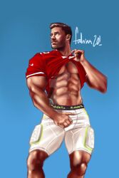 abs artbyfab crotch_grab football_player football_uniform male male_only muscles muscular muscular_male shirt_lift