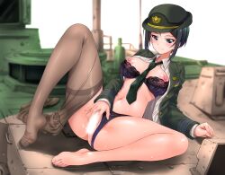 black_bra black_hair black_panties black_pantyhose blue_eyes bra bra_pull censored chouno_ami clothes_pull clothing_aside feet female girls_und_panzer green_necktie ground_vehicle hat kamogawa_tanuki legs looking_at_viewer mature_female military military_uniform military_vehicle motor_vehicle navel necktie nipples paid_reward_available panties panties_aside pantyhose pantyhose_around_one_leg pussy short_hair smile solo spread_pussy tank underwear uniform