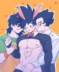 ambush_(trap) blushing bunny_ears dragon_ball father_and_son femboy femboy_dilf groping heart-shaped_pupils imminent_gangbang imminent_sex incest male_only son_gohan son_goku son_goten yaoi