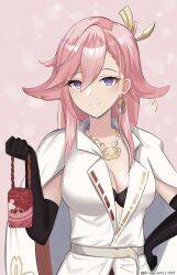 alternate_costume brulee cleavage earrings female female_only formal genshin_impact hair_ornament necklace omamori open_shirt pink_hair yae_miko