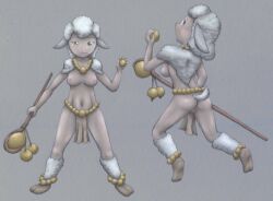 animew anthro bottomwear bovid breasts caprine clothed clothing cloven_hooves eyebrows female fur genitals hi_res holding_object holding_staff hooves jewelry loincloth looking_at_viewer mammal navel necklace nipples partially_clothed pussy scut_tail sheep short_tail simple_background solo staff standing surprised_expression tan_body tribal tribal_clothing tribal_jewelry white_body white_fur wool_(fur)