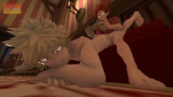 ass_up blonde_hair close-up controller eijirou_kirishima flexible gay katsuki_bakugou leaning_on_hand male/male male_only megan_thee_stallion_redraw_meme my_hero_academia piledriver_position playing_videogame rayaoisfm red_eyes red_hair sfm sitting_on_sofa smiling spiky_hair yaoi