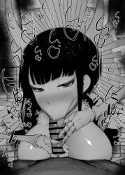 1boy 1girls :>= bar_censor big_breasts black_hair bleach bleach:_the_thousand-year_blood_war blowjob blowjob_face blush breast_squeeze breasts_out censor_bar censored hair_ornament hand_on_penis japanese_text kimono kurotama licking_penis monochrome multi_arm multi_limb on_floor partial_male pov shihakusho shutara_senjumaru sound_effects vacuum_fellatio vacuum_suck