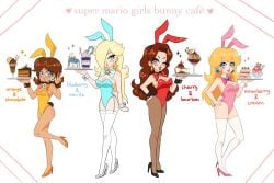 4girls blonde_hair blue_eyes blue_latex brown_hair bunny_girl bunny_tail bunnysuit fake_animal_ears fake_tail high_heels latex latex_stockings latex_suit long_hair mario_(series) multiple_girls nintendo pauline pink_latex princess_daisy princess_peach princess_rosalina raranuki red_latex short_hair waitress white_latex yellow_latex