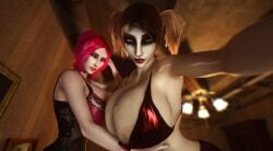 2girls 3d 3d_(artwork) alternate_breast_size athletic athletic_female bare_shoulders big_breasts bikini_top black_corset blonde_hair breasts breasts_bigger_than_head busty cleavage clothed clothed_female corset curvaceous curvy curvy_figure dark_fantasy dark_hair eyebrows eyelashes female female_only goth goth_girl gothic hair highres hips hourglass_figure huge_breasts humanoid hyper hyper_breasts jeanette_voerman large_breasts light-skinned_female light_skin lips looking_at_viewer makeup malkavian nipples nose pale-skinned_female pale_skin pigtails ponytail red_hair selfie_pose string_bikini_top top_heavy toreador_(vtm) twintails upper_body vaako vampire vampire_girl vampire_the_masquerade vampire_the_masquerade_bloodlines velvet_velour virt-a-mate virtamate voluptuous wide_hips world_of_darkness