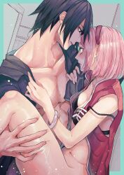 1boy bare_arms black_bra black_eyes black_hair black_shirt blush bra bracelet breasts cleavage collarbone couple dress_shirt female green_eyes hairband highres jacket jewelry looking_down naruto navel open_clothes open_jacket open_mouth open_shirt pink_hair red_hairband red_jacket sakura_haruno sasuke_uchiha sex shiny shiny_hair shirt short_hair sleeveless sleeveless_jacket small_breasts straight strap_slip suzu_(tg_390) thigh_grab underwear