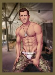 actor bluestone_42 bulge camo_print celebrity corporal_gordon_"towerblock"_house dog_tags english_text in_character jack_off_hearts looking_at_viewer male male_only matthew_lewis muscles muscular muscular_male shirtless_male taking_off_pants uk_army unzipped_pants