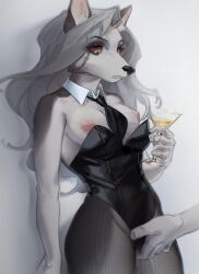 1girls 2022 ambiguous_gender breasts bunnysuit clothed clothing czerwonya dog_ears drink grey_eyes grey_fur grey_hair grey_skin hellhound helluva_boss long_hair looking_back loona_(helluva_boss) nipples open_mouth rubbing rubbing_pussy tie white_background white_fur