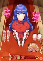 1girls armor armored_boots artist_logo bad_id bad_imgur_id bangs bare_thighs begging blue_eyes blue_hair blue_nails blush boots breastplate breasts caeda_(fire_emblem) closed_mouth clothed clothes_laid_out clothes_removed consensual dogeza dominant_pov dress elbow_gloves english_text equipment_layout fellatio_gesture female female_only femsub fingerless_gloves fire_emblem fire_emblem:_mystery_of_the_emblem fire_emblem:_shadow_dragon_and_the_blade_of_light folded_clothes footwear from_above gloves happy_sub highres kneeling long_hair looking_at_viewer looking_up looking_up_at_viewer male_pov medium_breasts nail_polish nintendo on_floor open_mouth pauldrons pegasus_knight_uniform_(fire_emblem) pelvic_curtain pov princess red_dress removed_clothing revolverwingstudios roleplay royalty seiza sheath sheathed shoes short_dress short_sleeves shoulder_armor sitting smile solo sword text thighhighs thighs unworn_armor unworn_boots unworn_clothes weapon