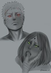 1boy1girl alternate_eye_color bandaged_arm bandages blush body_control boruto:_naruto_next_generations eye_contact finger_in_mouth finger_sucking finger_to_mouth glowing glowing_eyes green_eyes implied_sex kurama long_hair looking_at_another looking_at_partner male/female monochrome naked narusakuart naruto naruto_(series) oral partially_colored red_eyes sakura_haruno sexually_suggestive short_hair submissive submissive_female sucking sucking_thumb thumb_in_mouth touching_face unusual_pupils upper_body uzumaki_naruto whisker_markings whiskers