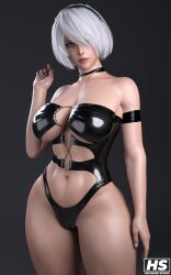 3d abs big_breasts breasts eyepatch female fit fit_female hagiwara_studio lingerie nier nier:_automata thick_thighs white_hair yorha_2b