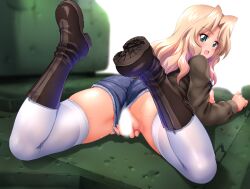 blonde_hair blue_eyes boots breasts breasts_out censored clothing_aside female girls_und_panzer ground_vehicle kamogawa_tanuki kay_(girls_und_panzer) long_hair lying military military_vehicle motor_vehicle nipples no_bra no_panties on_stomach open_mouth paid_reward_available saunders_military_uniform shorts shorts_aside sideboob simple_background solo tank thighhighs upshorts white_background white_thighhighs