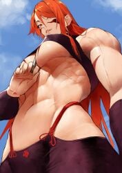 1girls abs absurd_res bare_shoulders belly_button between_breasts biceps big_breasts bigger_female body_markings cleavage cleavage_cutout clothing female_only fit fit_female fuma_kotaro_(tenkaichi) hair_over_one_eye hi_res long_hair looking_at_viewer looking_down marker muscular muscular_arms muscular_female navel nipple_bulge obliques red_eyes red_hair seductive serratus_anterior solo solo_female tall taller_female taller_girl tenkaichi_nihon_saikyou_bugeisha_ketteisen thick_thighs tomboy toned toned_female underboob vein veins waist yoshi55level yoshio_(55level)